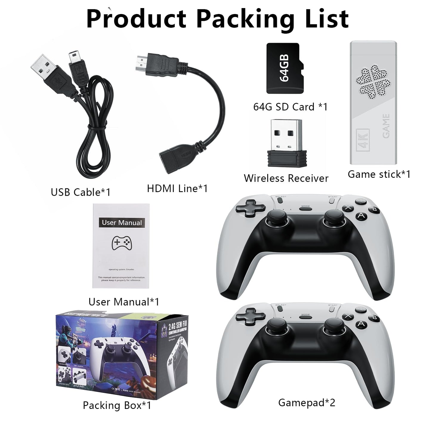 Upgraded Model Wireless Retro Game Stick,Retro Video Game Console,9 emulators, (64G),with Over 40000 Built-in Electronic Games,4K HDMI Output,Dual 2.4G Wireless Control Plug and Play Retro Game