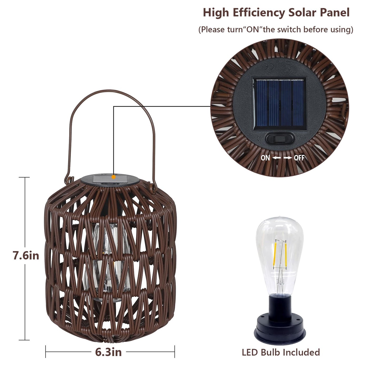 eyassi Rattan Outdoor Solar Lanterns, Waterproof Table Lamp, 2 Pack, Coffee, Plastic Rattan & Metal Frame, Model 250501A1