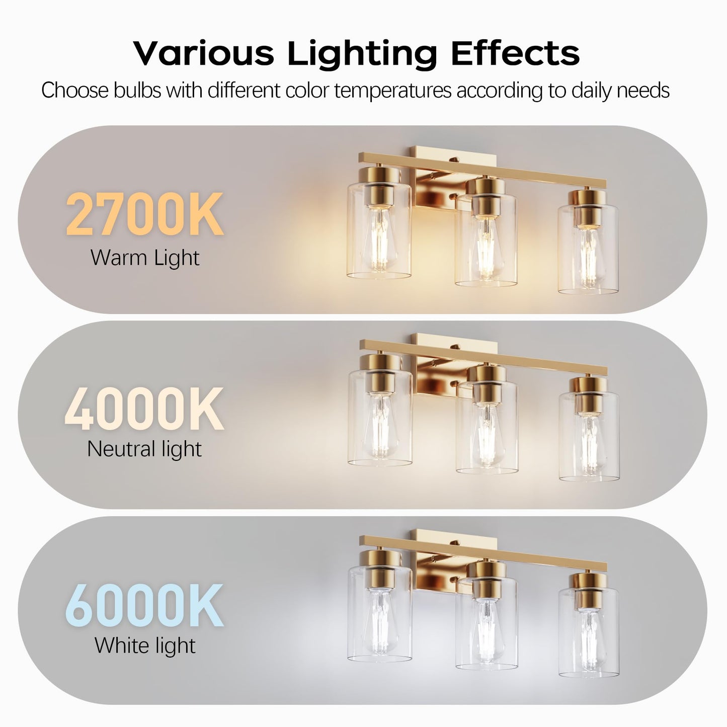 Partphoner 3-Light Bathroom Light Fixtures  Brushed Gold Vanity Light With Clear Glass Shade  Modern Wall Sconce For Mirror Bedroom Living Room Hallway Lighting