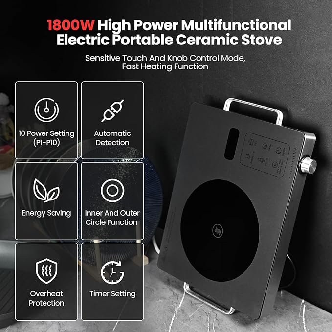 Portable Ceramic Cooktop Infrared Hot Plate,Stainless Steel Countertop Burner With Double Rings Heating Dual Control 10 Power 3H Timer Electric Stove For Cooking 1800W(Gray)