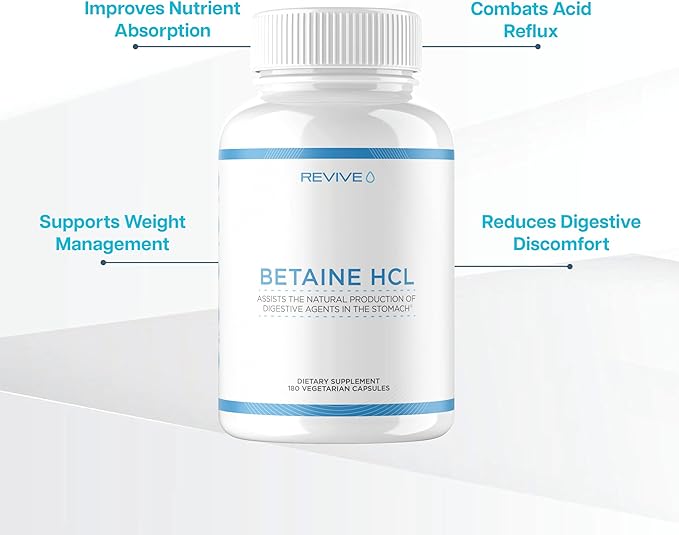 Revive MD Betaine HCL with Pepsin Digestive Enzymes, 180 Vegetarian Capsules - Betaine Hydrochloride Supplement Supports Healthy Digestion & Nutrient Absorption - Helps with Stomach Acid Levels