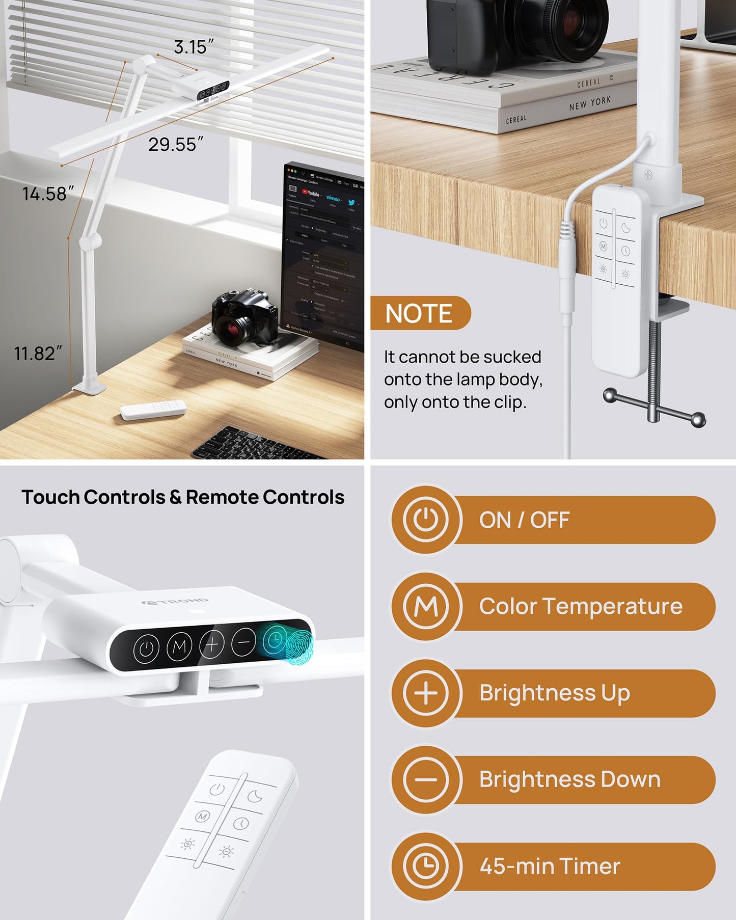 TROND LED Desk Lamp - 24W, 360? Rotating, 5 Color & Brightness Settings, White, Model Halo 24W-C
