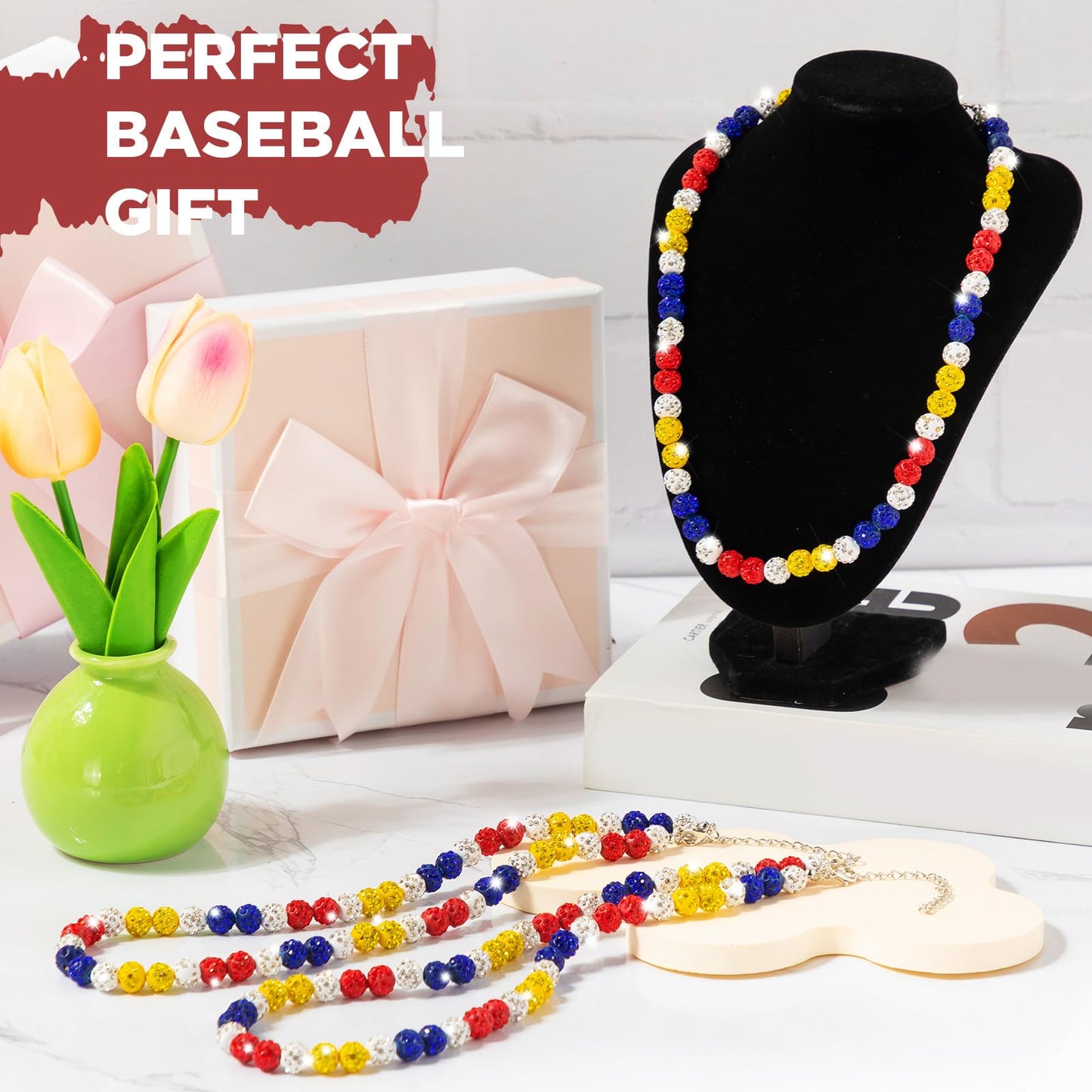 Landical 12 Pcs Bling Baseball Necklace Ice Beaded Baseball Necklace Cool Gifts Bulk for Team Players Lovers Fans(Red, Yellow an
