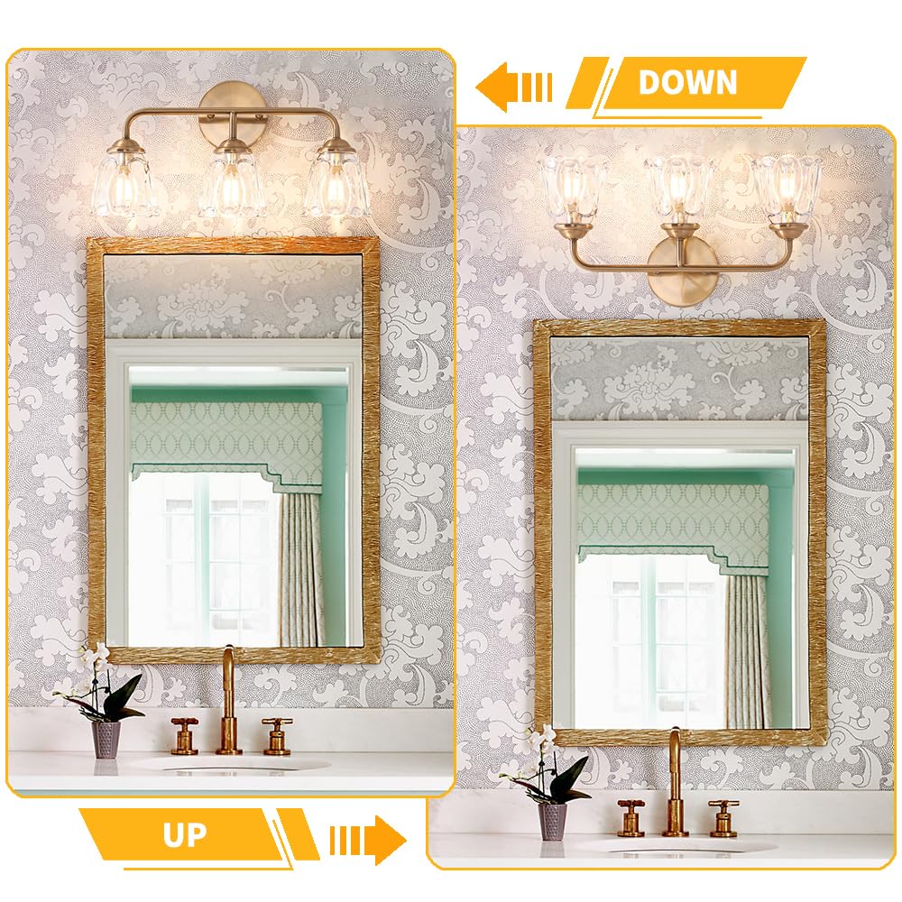 Daunton 3-Light Bathroom Vanity Light Gold  Vintage Vanity Light Fixtures Over Mirror  Brass Bathroom Light With Flower Glass Shade  Art Deco Wall Sconce Lighting For Bedroom  Living Room