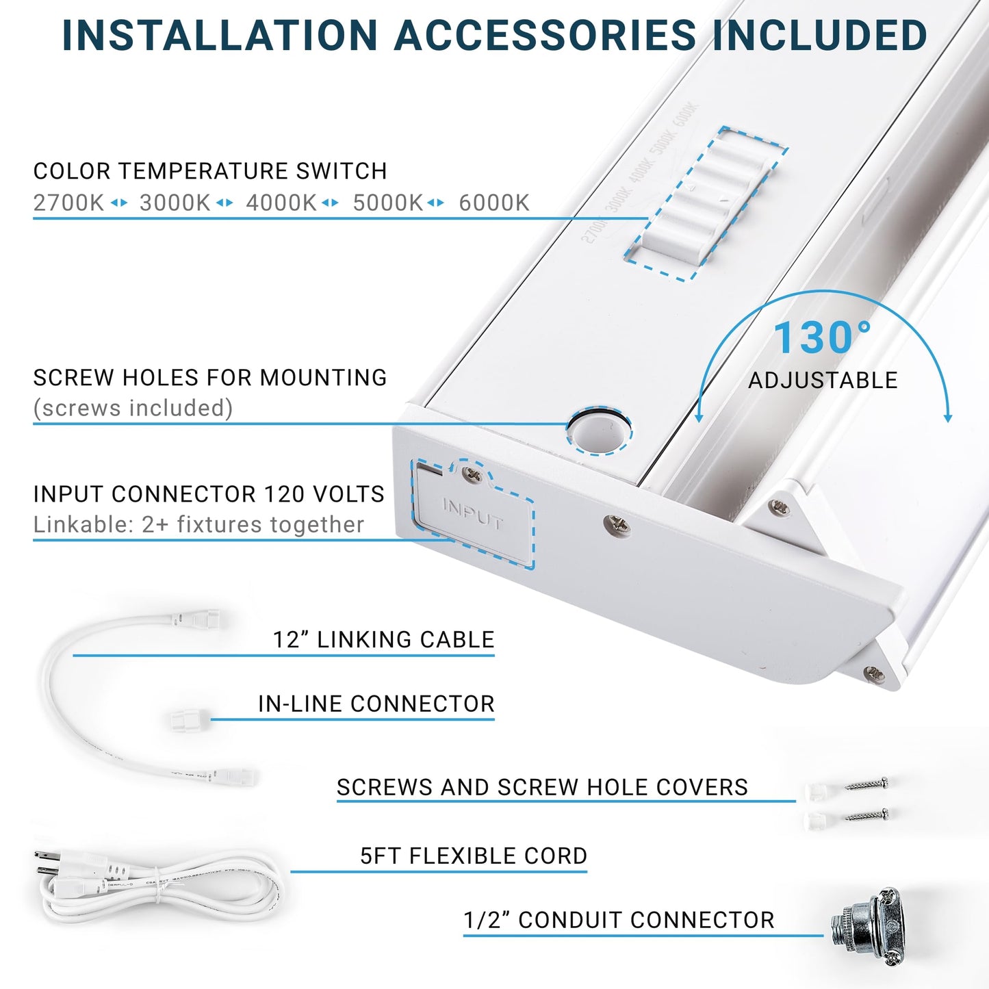 Parmida LED Swivel Under Cabinet Light, 16 Inch, 10W, Dimmable, 3CCT Color Selectable, White, Model PLED-UCS16-3CCT