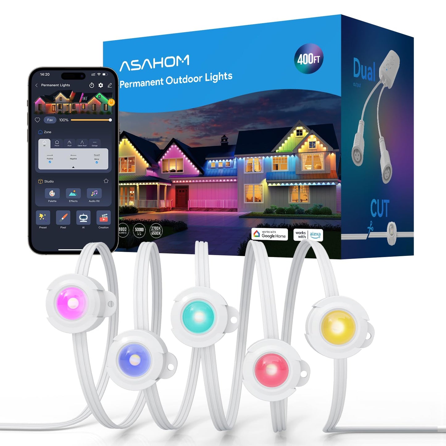 Asahom Ai Permanent Outdoor Lights S107F  400Ft With 288 Rgbcw Led Lights And Dual Output  30 000 Lighting Effect Combination  Ip67 Waterproof For House Christmas New Year And Daily Decoration  White