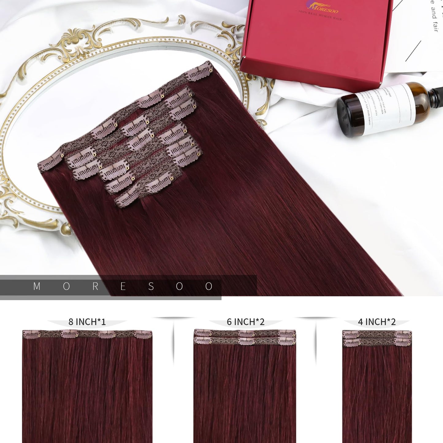 Moresoo Dark Red Clip in Hair Extensions Real Human Hair Red Human Hair Extensions Clip ins Burgundy Short And Straight 80g/5pcs
