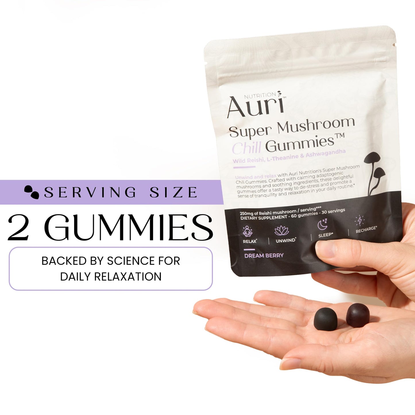 Auri Super Mushroom Chill Gummies - Natural Calming Aid & Stress Reduction Supplement for Adults w/Reishi Mushroom, Ashwagandha, L-Theanine - Unwind Mind & Harmonize Your Day - 60 Calm Gummies