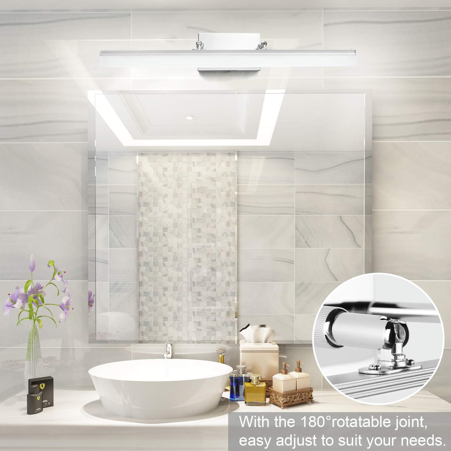 Aipsun 24 Modern Led Vanity Light Fixture, Chrome Stainless Steel, Model 6480, Adjustable Bathroom Lighting Over Mirror, 5500K