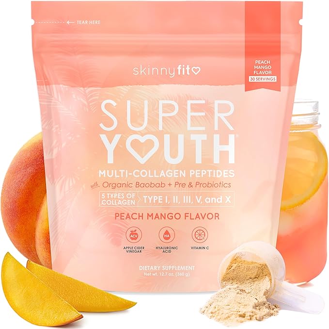 SkinnyFit - Super Youth, Peach Mango (28 Servings) - Multi Collagen Peptides Powder - Probiotics, Fiber, Hyaluronic Acid - Collagen for Women - Non GMO, Gluten Free, Sugar Free - Beauty & Self Care