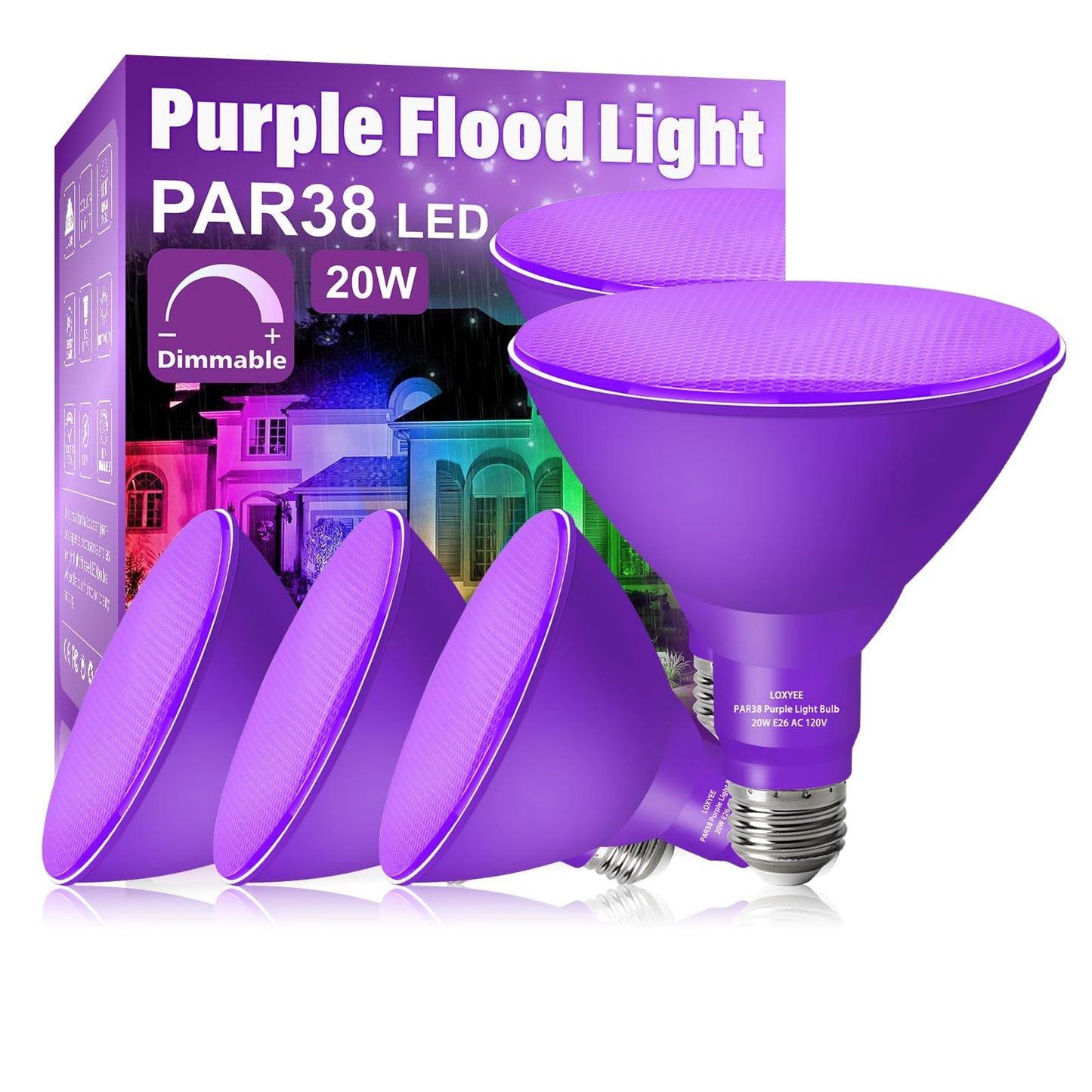 LOXYEE PAR38 Flood Light Bulb, Dimmable, E26 Base, 20W Replace to 200W, 4 Pack, Purple