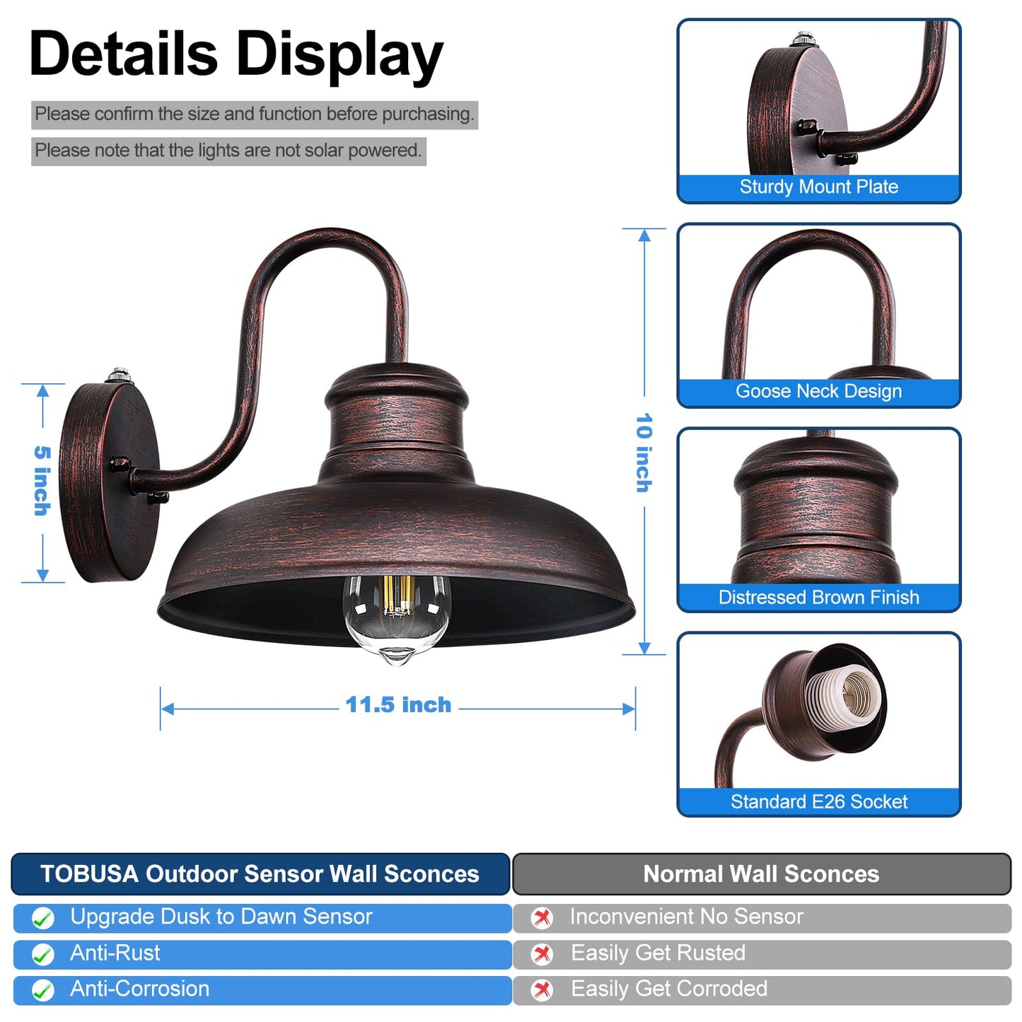 TOBUSA 2-Pack Outdoor Wall Lights, Waterproof Metal Gooseneck Barn Sconces, 11.5in  Distressed Brown, Model B11023PP(2PK)