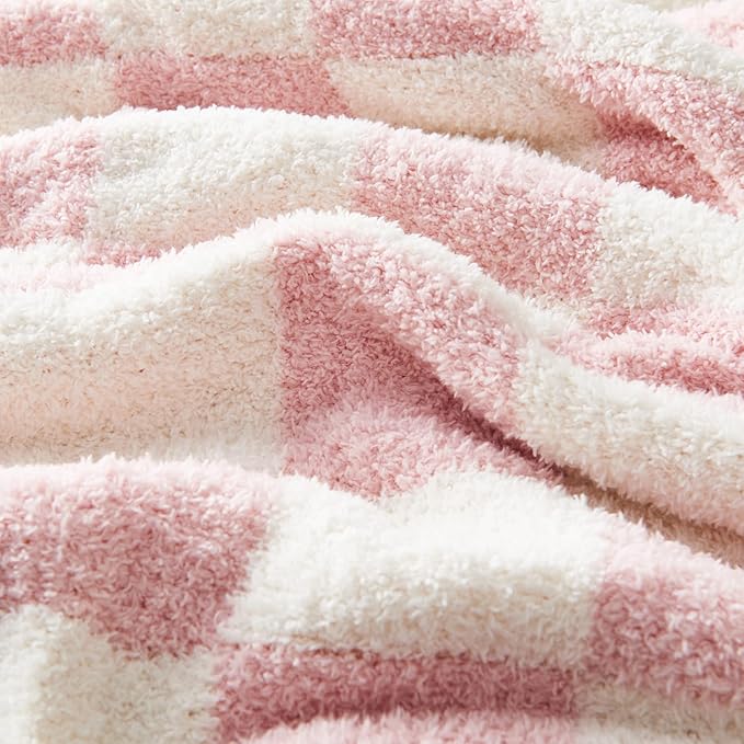 CozeCube Checkered Blanket, Ultra Soft Cozy Pink and White Throw Blanket, Warm Cozy Knit Fuzzy Plush Checkerboard Throw for Couch Bed Sofa, 50"x60"