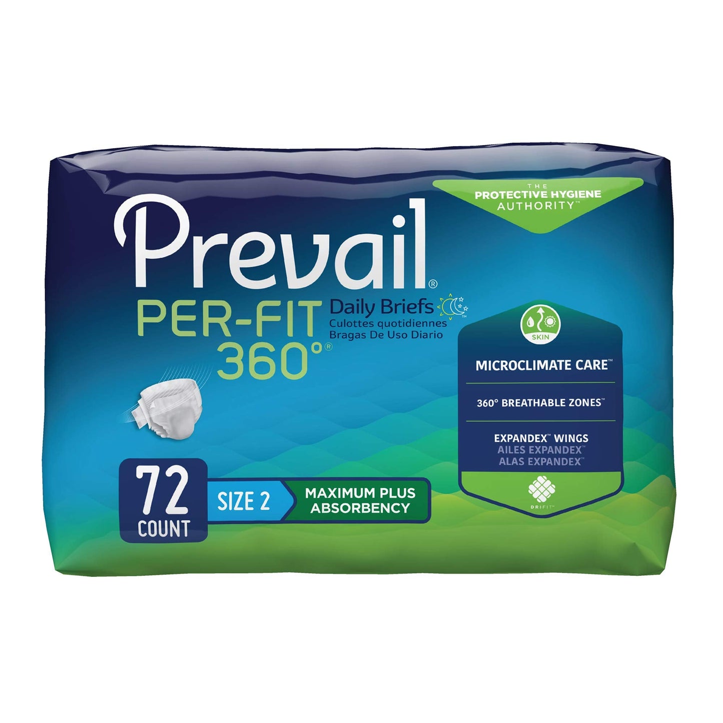 Prevail Per-Fit 360 Daily Incontinence Briefs, Unisex Adult Incontinence Briefs with Tabs, Maximum Plus Absorbency, Size 2, 72 Count (4 Packs of 18)