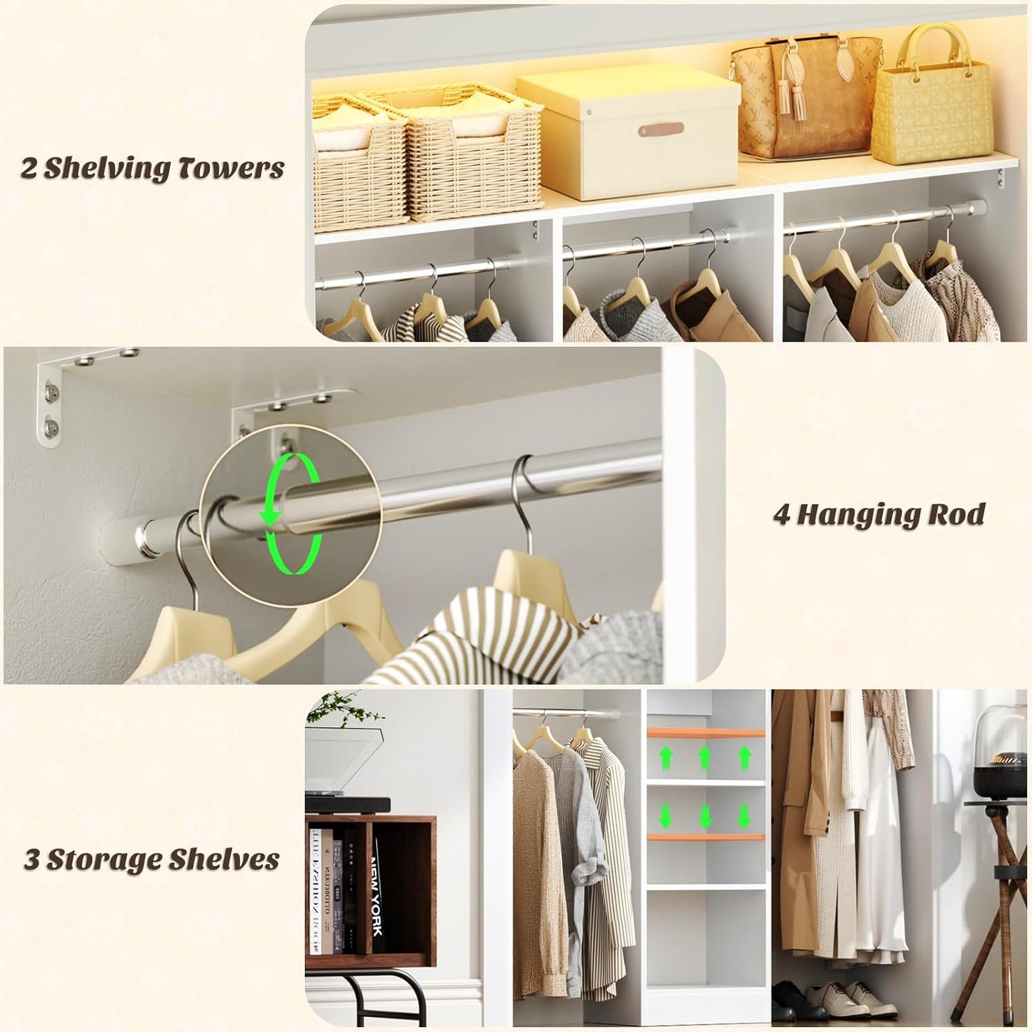 48" Small Closet Organizer, 4FT Small Closet System with 4 Closet Rods & 3 Shelves, 80"H Small Closet Organizers and Storage for Small Bedooms, Cloakrooms, Laundry Rooms, White