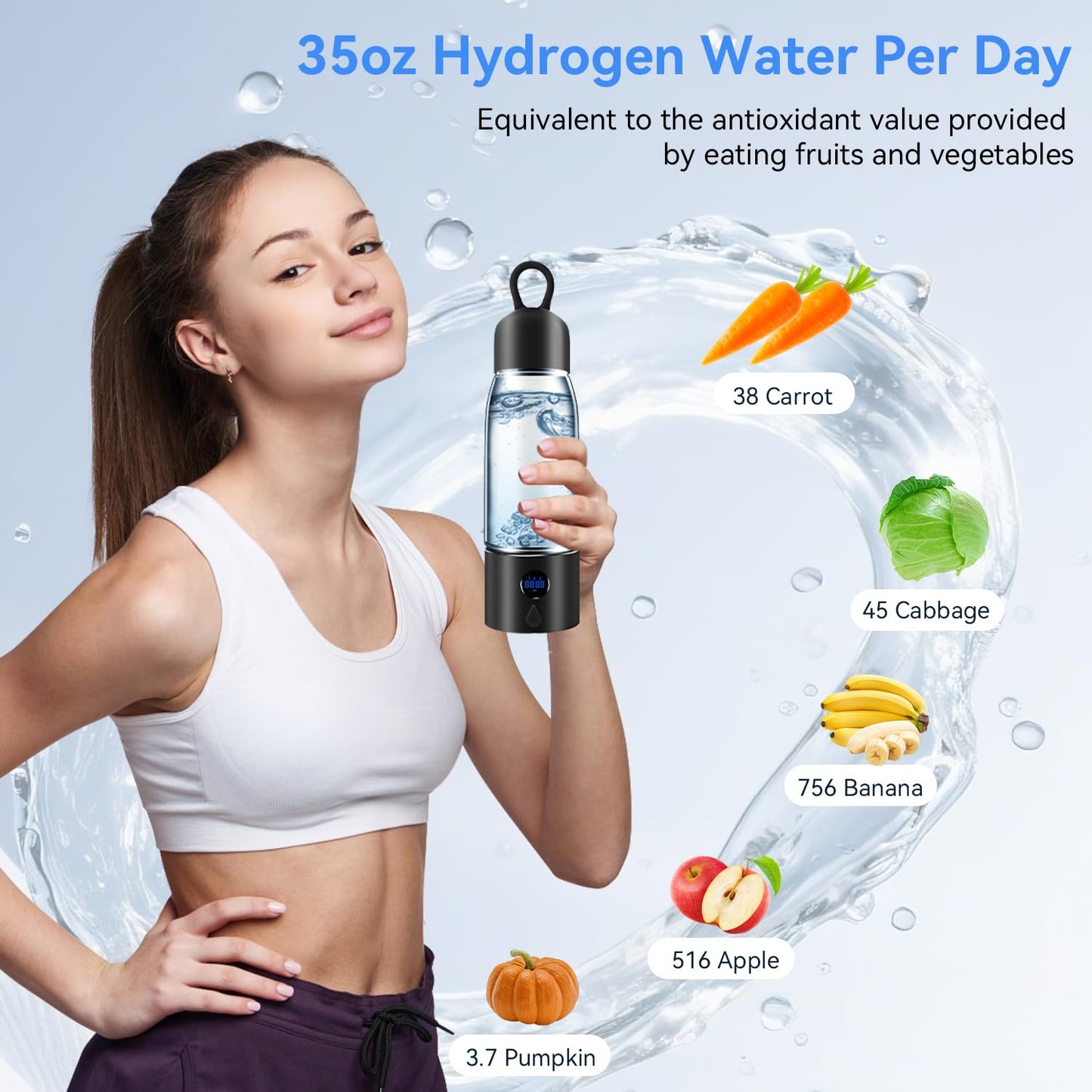 Hydrogen Water Bottle,Portable Hydrogen Water Bottle Generator with Three Modes Produces 5000 PPB of Hydrogen Water in 8 Minutes,Aluminium and Glass,with Light,Rechargeable for Travel,Office