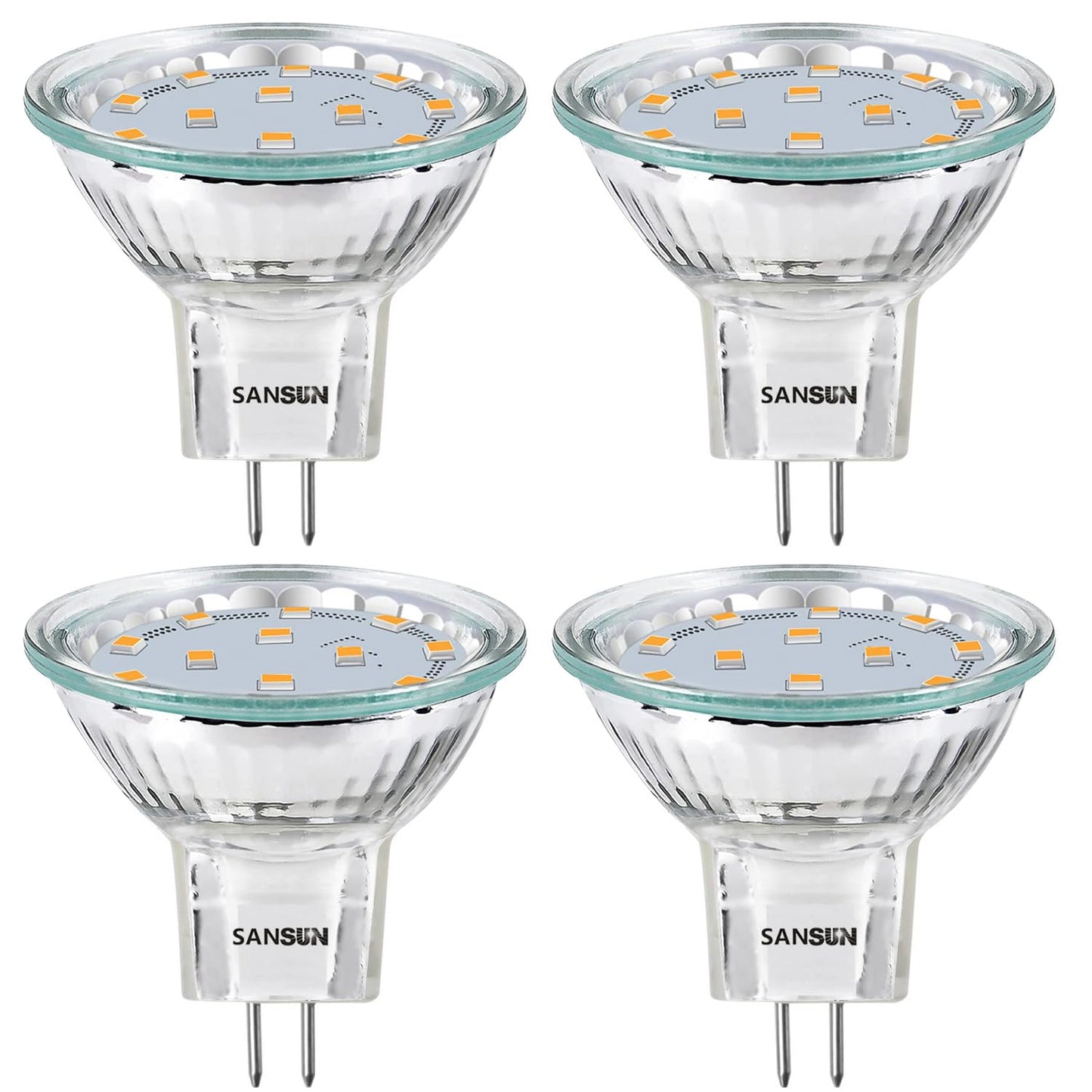 SANSUN MR11 LED Landscape Light Bulbs, 3W GU4 Bi-Pin, Soft White 3000K, Non-Dimmable, 4 Count, Quartz Glass