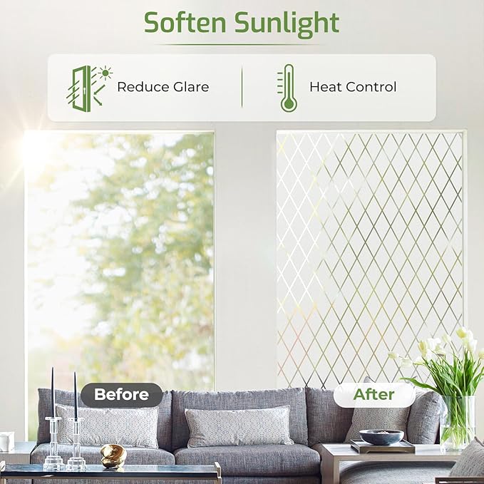LUTE Frosted Window Privacy Film, Static Cling UV Sun Blocking Heat Control Window Cover, Removable Non-Adhesive Glass Sticker Vinyl Decorative Frosting Decals for Home Office, Lattice, 35.4" x 118.1"