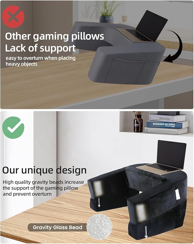 Weighted Idea Reading Pillow for Gaming, Meduim Gaming Pillow for Adult，Table Pillow with 2 Side Pockets for Gaming, Reading, Working Sitting in Bed Floor Sofa (Black)