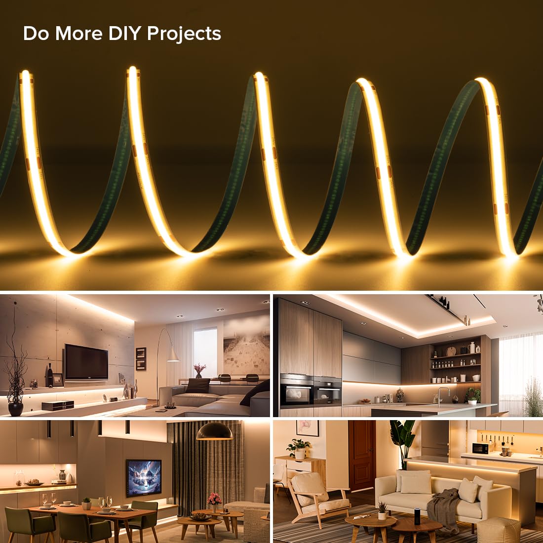 FCOB COB LED Strip Lights 16.4FT Dimmable DC 24V 480LEDs/m Warm White 2700K