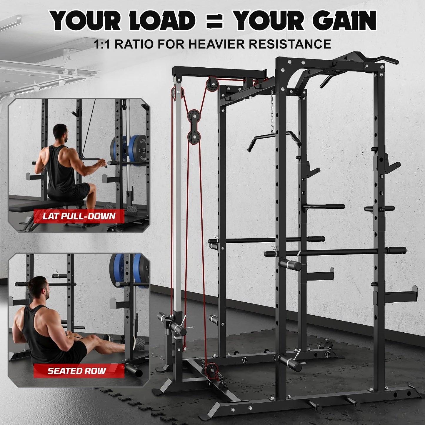 Goimu C1-V4 Power Cage, 2000LBS Squat Rack with LAT Pulldown, Multi-Function Weight Cage Strength Training Machine, Workout Cage with More Attachments for Home Gym Garage (C1-Pro Bk)