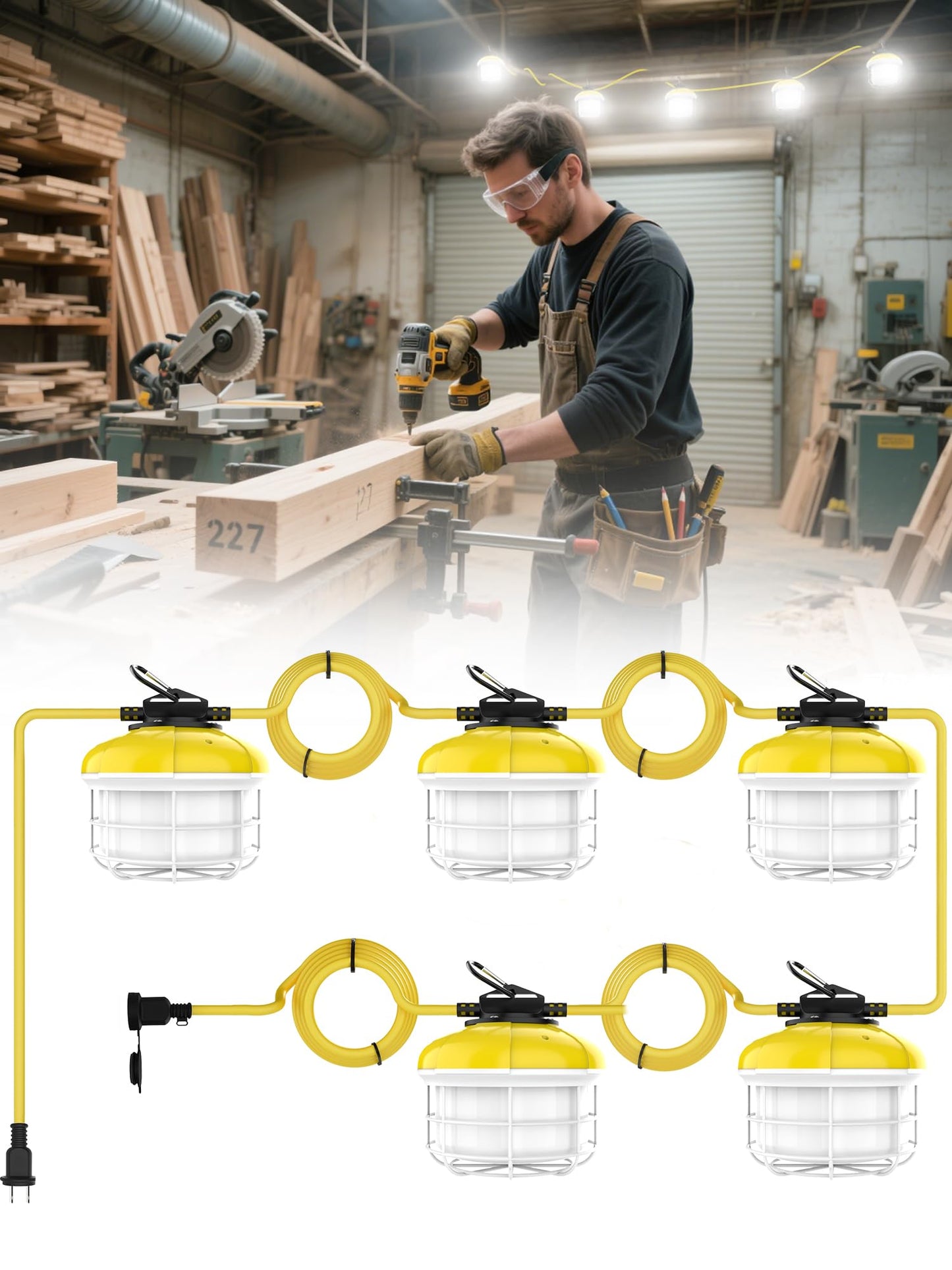 HYPERLITE LED String Lights - 50FT Work Lights with 5 Bulbs, IP65 Waterproof, White, Model HP-JL-BU01