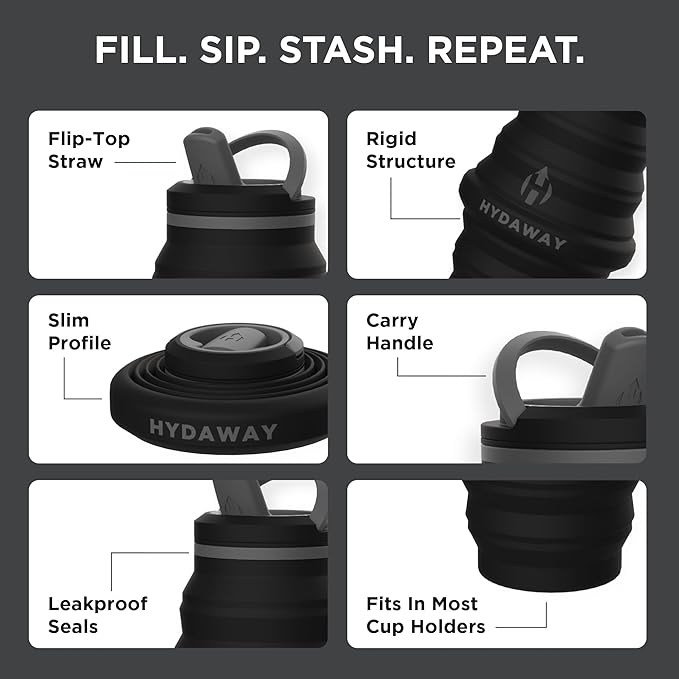 HYDAWAY Collapsible Water Bottle - 25oz I Reusable Water Bottle with Flip Top Lid for Travel, Hiking, Backpacking I Portable & Leakproof, Food-Grade Silicone, BPA Free, Collapses to 1.5”