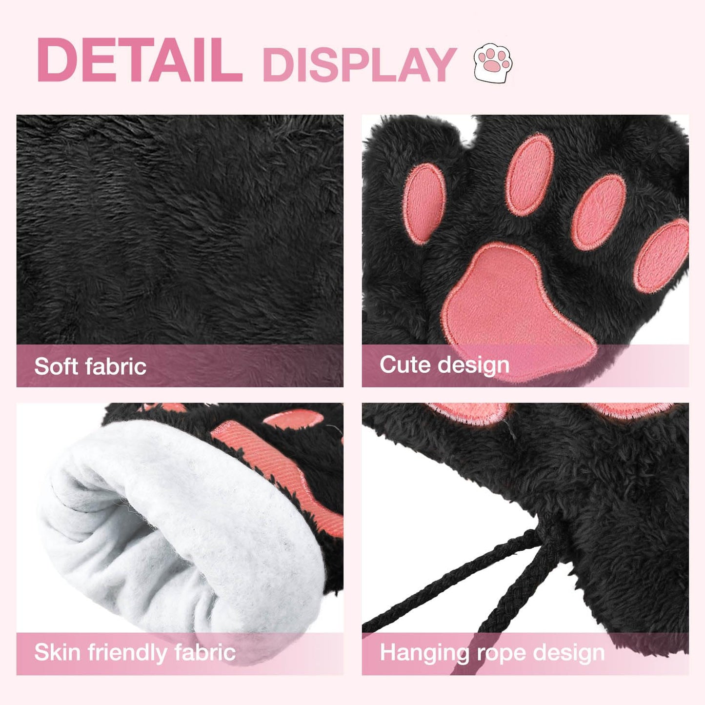 Tiny Chou Cat Paw Gloves for Cosplay Fancy Party Halloween Costume Accessories, Winter Soft Fingerless Warm Gloves for Women Girls, Black
