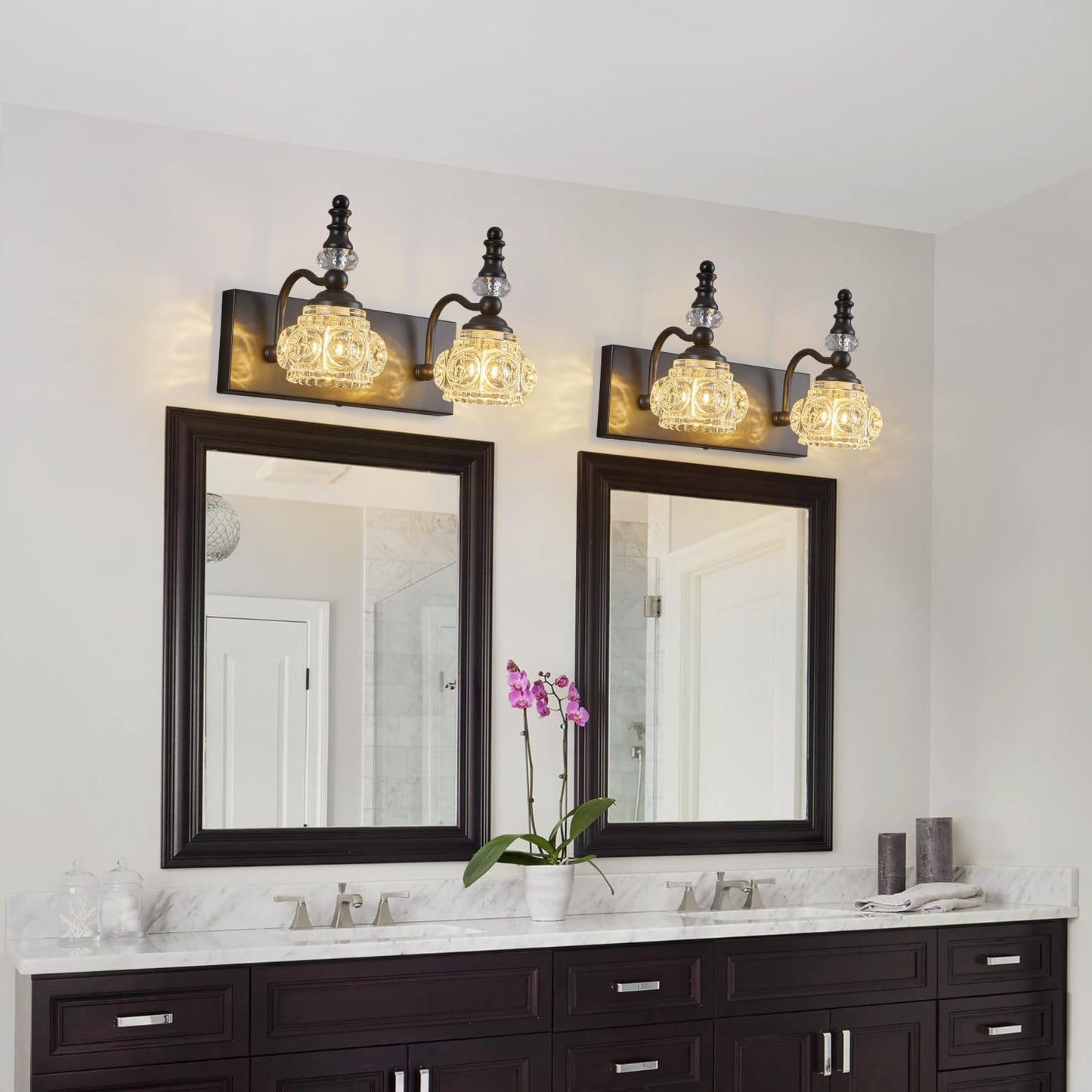 Lbsqj Modern Glass Crystal Bathroom Vanity Light Indoor Wall Lamp Black Vintage Wall Sconces 2-Lights Vanity Lighting Wall Mounted Sconce Wall Lighting
