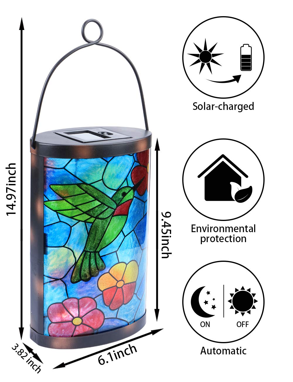 MUMTOP Hanging Solar Lantern - Waterproof LED Hummingbird Lights, Blue-Green, Model ohrm004, for Outdoor Patio Garden
