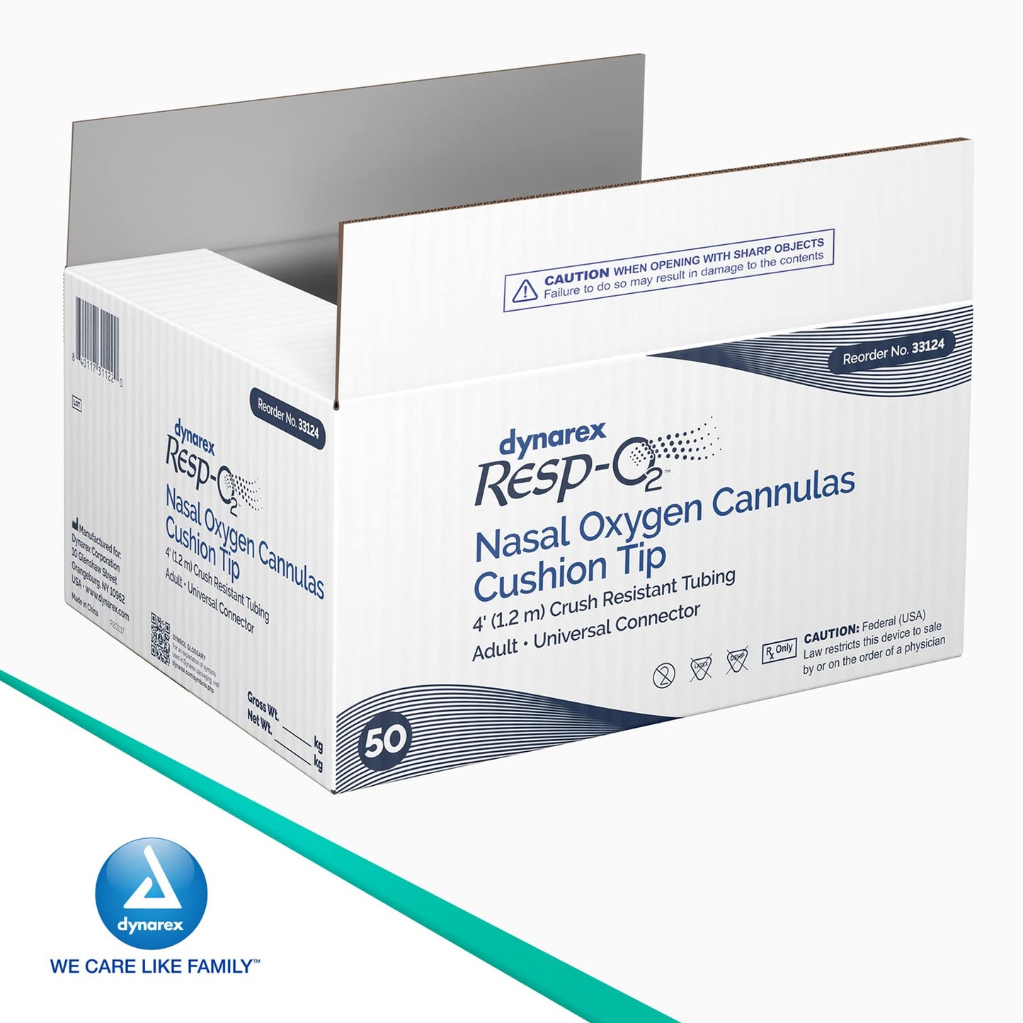 Dynarex Nasal Cannulas for Oxygen Therapy - 4' Crush Resistant Oxygen Supply Tubing for Adults - Soft Cushion Tip Universal Connector - 50 Per Case