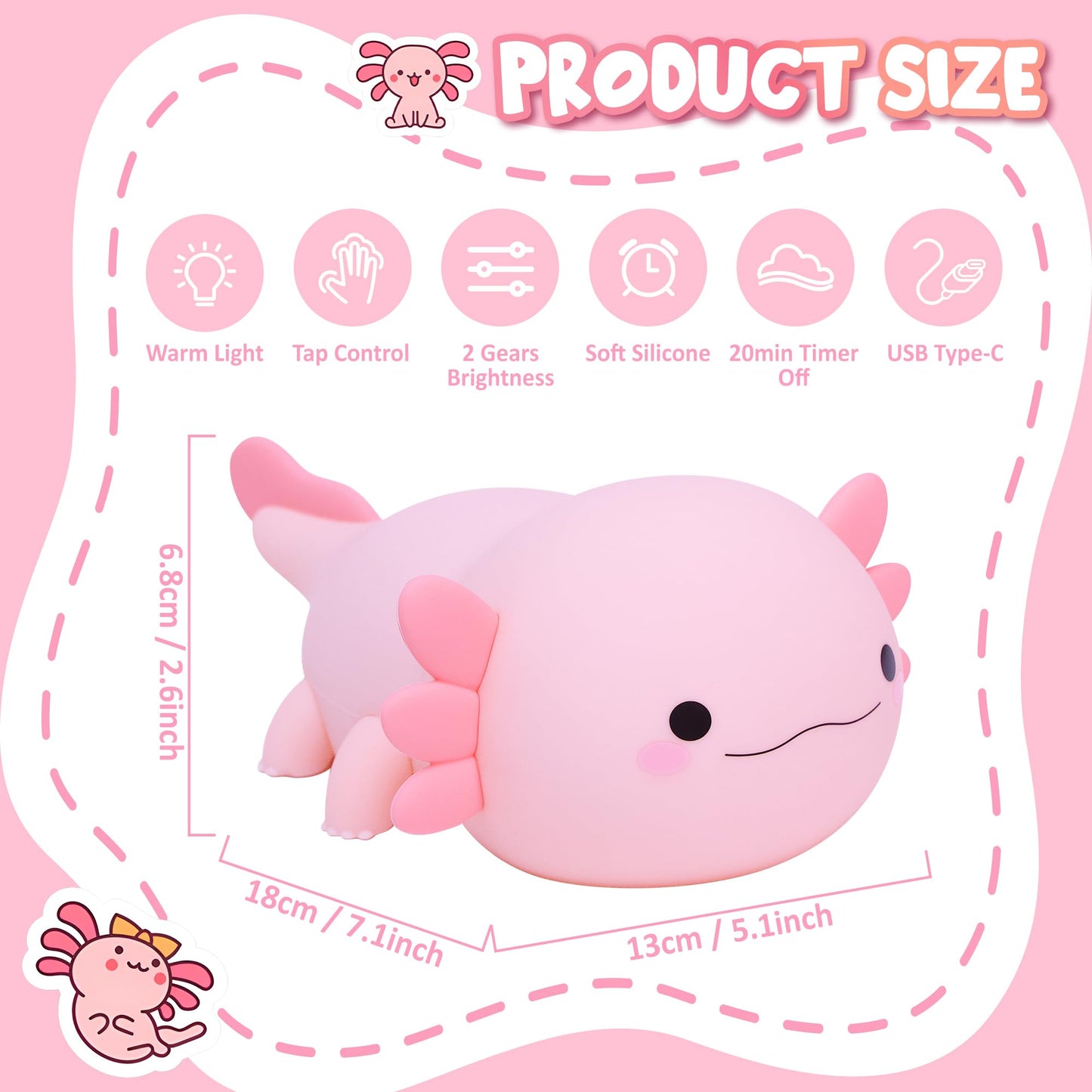 Lampeez Axolotl Gifts  Cute Axolotl Night Light  Soft Silicone Lamp Nursery Nightlight Led Touch Light  Bedroom Decor As Xmas Birthday Gift For Boys Girls