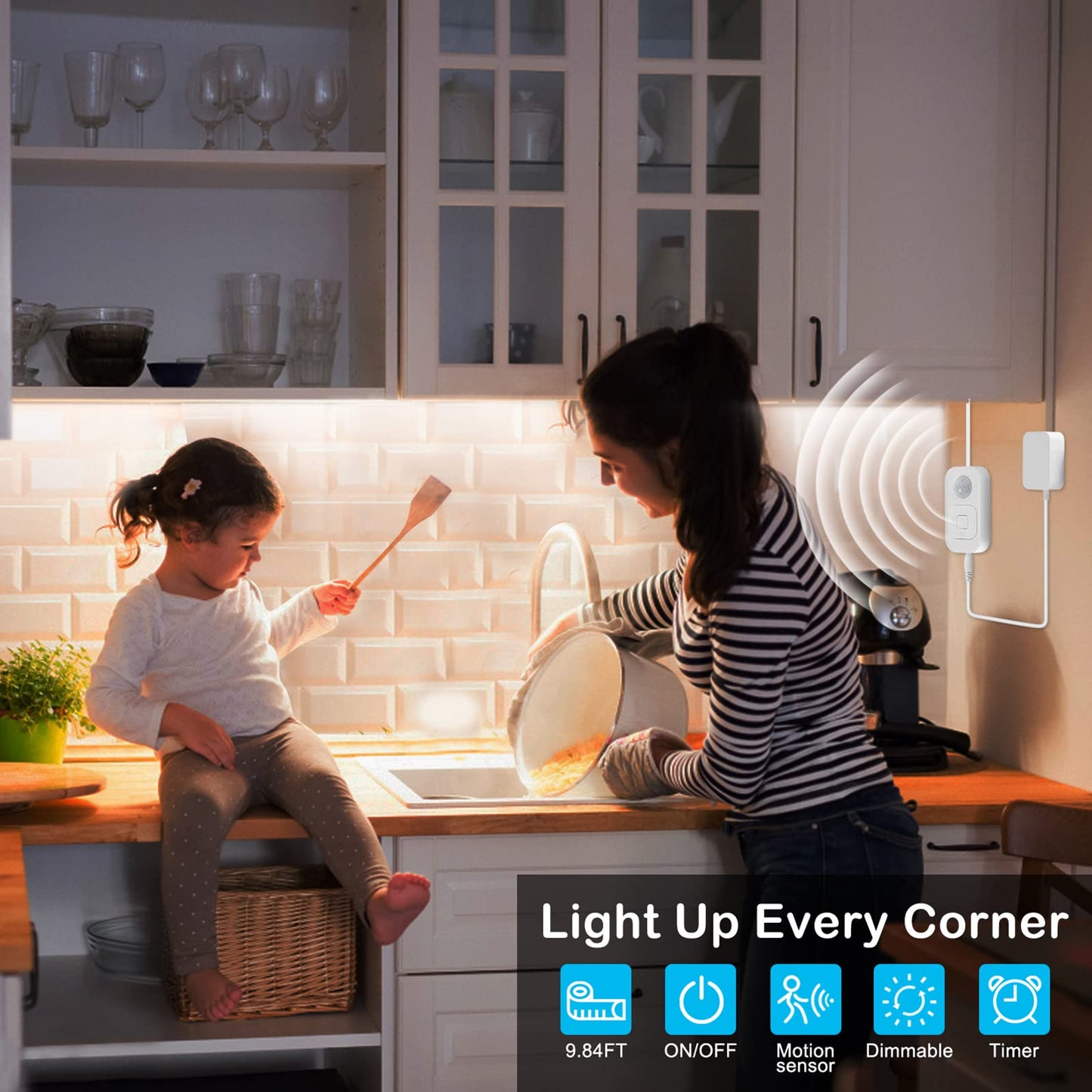 Speycer Motion Sensor Under Cabinet Lights - Plug-in LED Strip, 9.84ft 2 Pack, Cold White, Dimmer & Timer for Indoor Use