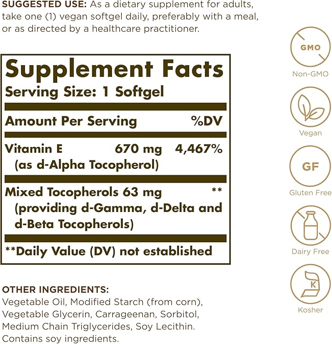 Solgar Vitamin E 670 mg (1000 IU) - 100 Vegan Softgels - Natural Antioxidant - Non-GMO, Gluten Free - 100 Servings