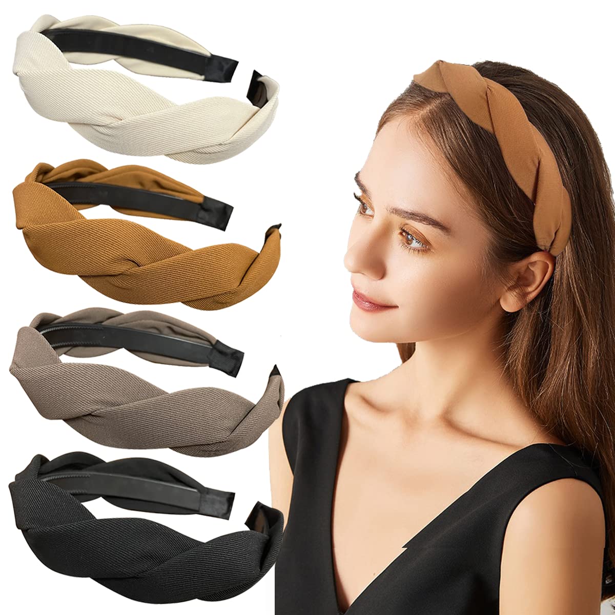 Springtime Set of 4 Fashion Solid Headbands for Women Girls 1.2inch Wide Braided Headband Fabric Hairbands with Tooth Non Slip H