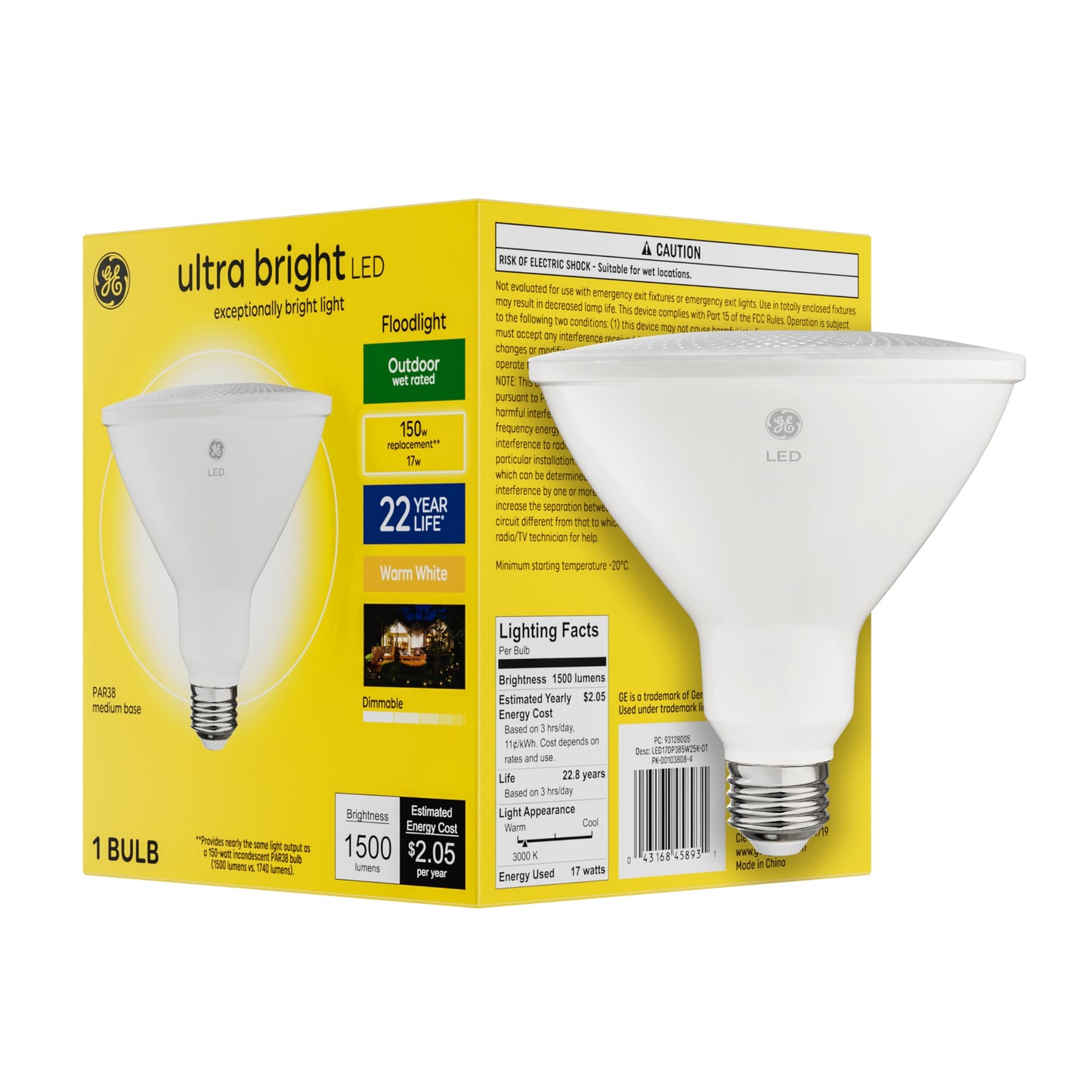 GE Ultra Bright LED Floodlight Bulb, Warm White, PAR38, 1 Count, Plastic, Model 45893
