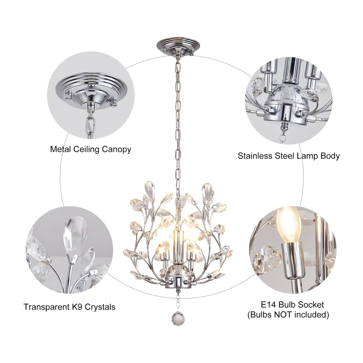 Ganeed 3-Light Branch Crystal Chandelier  Small Flush Mount Vintage Pendant Hanging Lighting  K9 Crystal Farmhouse Ceiling Light For Dining Room Bedroom Living Room Kitchen Hallway  Chrome Silvery