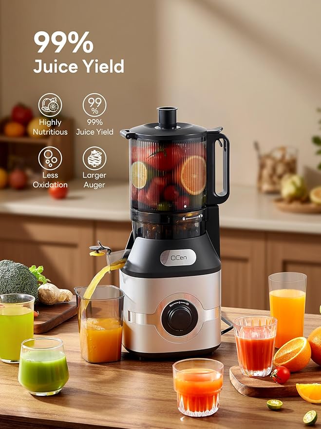 QCen Cold Press Juicer, 5.5” Wide Feed Chute Slow Masticating Juicer Machine for Whole Fruits and Vegetables, Easy to Clean (Silver)