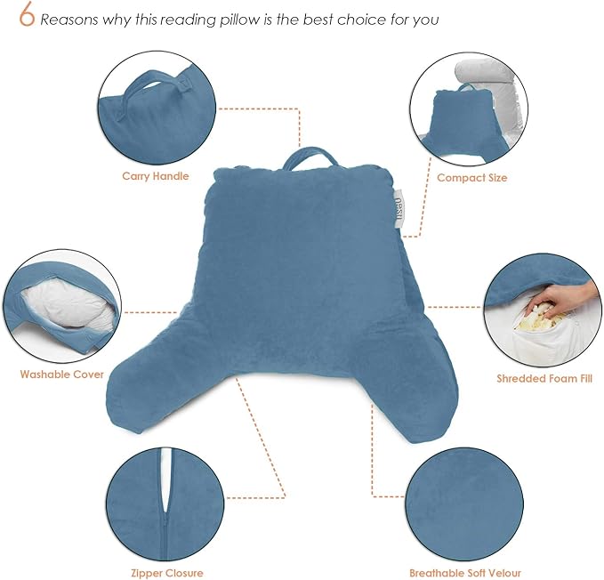 Nestl Reading Pillow for Kids, Small Bed Pillow, Back Pillow for Sitting in Bed, Memory Foam Chair Pillow, Reading & Bed Rest Pillows, Blue Heaven Back Pillow for Bed, Arm Pillow with Pockets