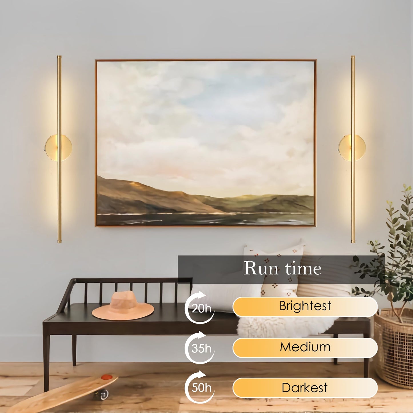 KARTOOSH Battery Operated Wall Sconces Set of Two, Dimmable, 40.1 Inch, Gold, Remote Control, 350° Rotate, Model ZM317BGD