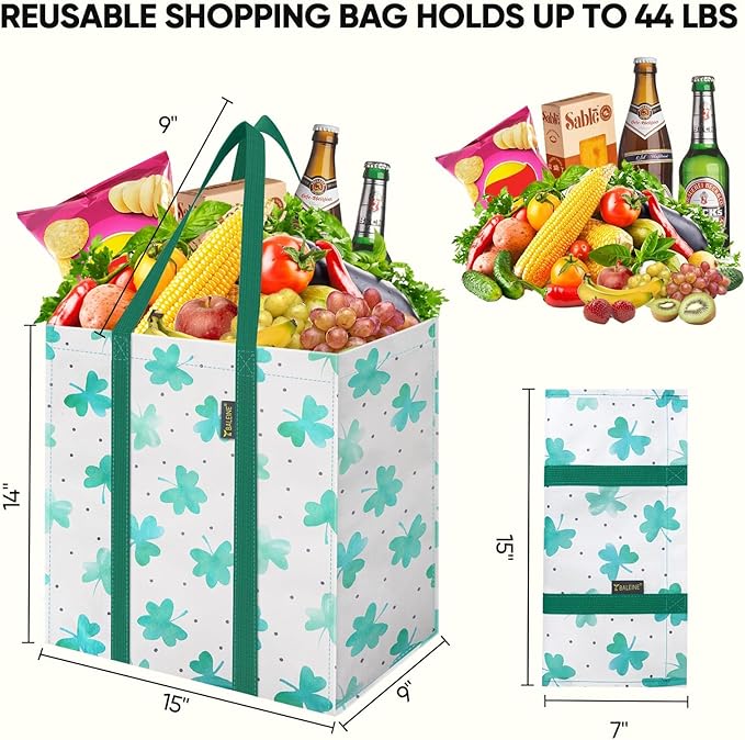 BALEINE 4 PK Grocery Bags Reusable Shopping Bags with Reinforced Bottom, Heavy Duty Foldable Tote Bags (Clover)
