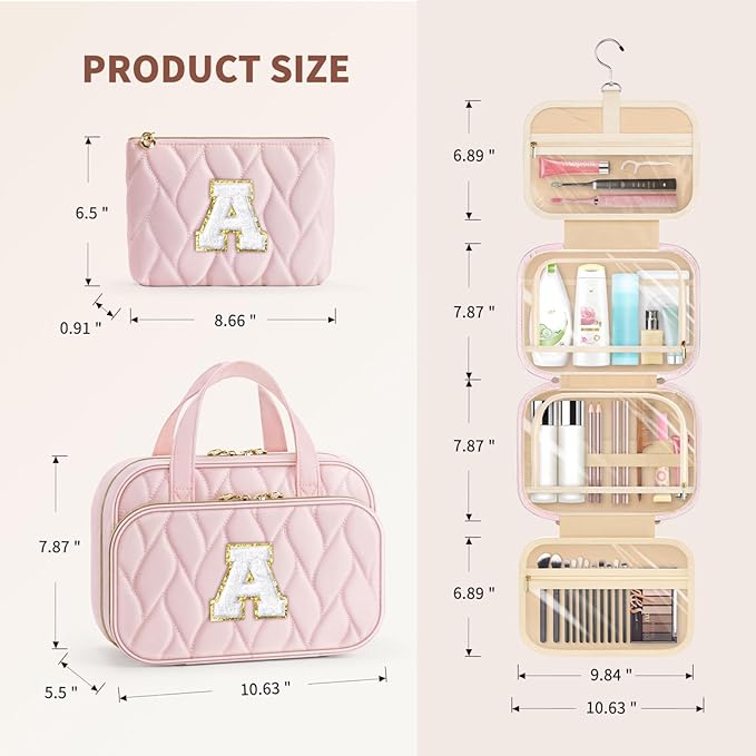 YOOLIFE Travel Toiletry Bag for Women - Hanging Toiletry Bag Makeup Bag, Portable Toiletries Travel Bag and Cosmetic Bag Essentials - Letter W Pink