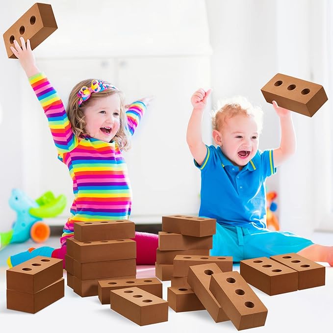 Deekin 30 Pcs Foam Brick Building Blocks for Kids Thick Blocks Foam Large Fake Brick Construction Toy for Stacking Construction, 8 x 4 x 2.4 in (Circle Holes)