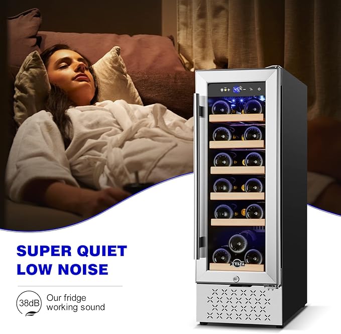 Tylza 12" Wine Cooler Refrigerator, 18 Bottles Wine Fridge Built-in or Freestanding with Stainless Steel & Double-Layer Tempered Glass Door, Compressor Fast Cooling, Low Noise and No Fog, Mini Fridge