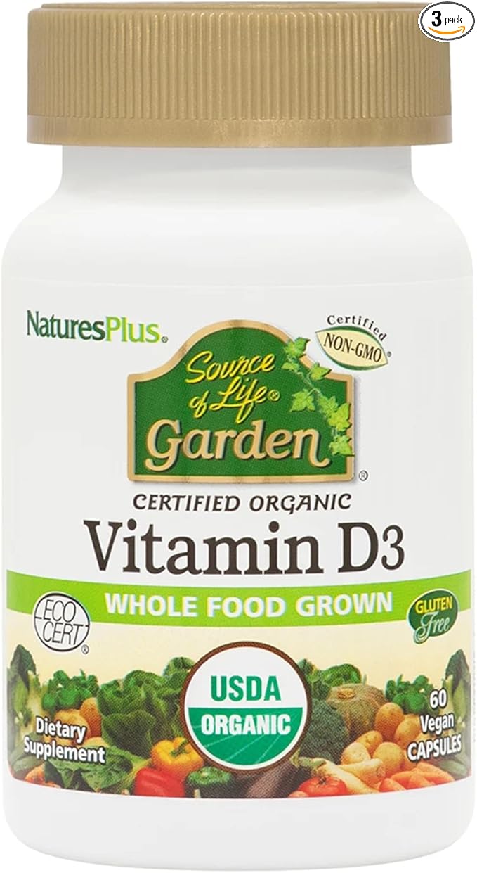 Natures Plus Source of Life Garden Vitamin D3-60 Vegan Capsules, Pack of 3 - Immune System Support - Certified Organic, Non-GMO, Gluten Free - 90 Total Servings
