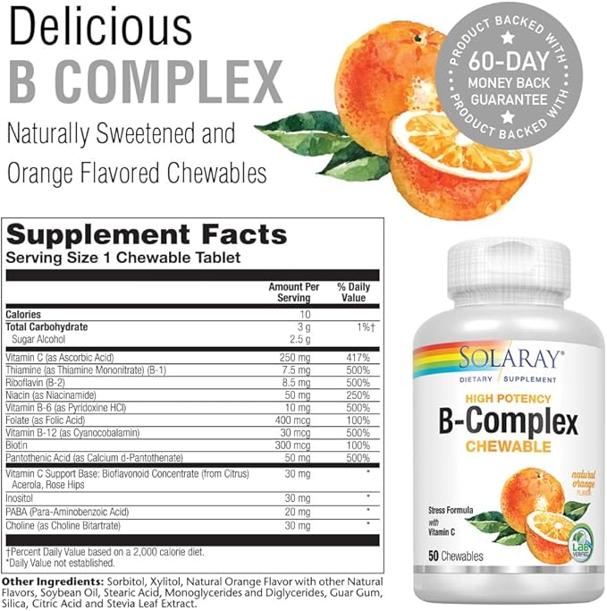 SOLARAY Vitamin B-Complex 250mg Natural Orange Flavor | Healthy Hair, Skin, Immune Function & Metabolism Support | Lab Verified | 50 Chewables