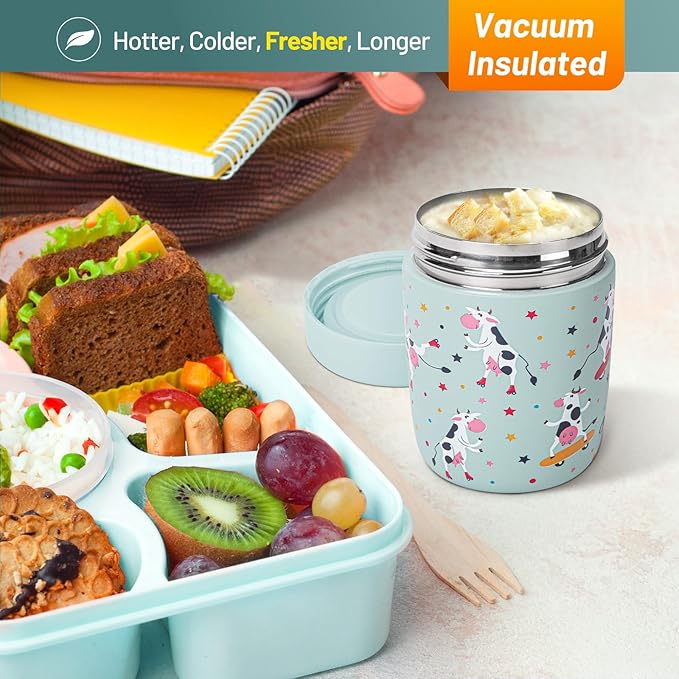 Charcy 9oz Stainless Steel Vacuum Insulated Kids Food Jar - Soup Thermo for Hot & Cold Food - Cyan Dairy Cow