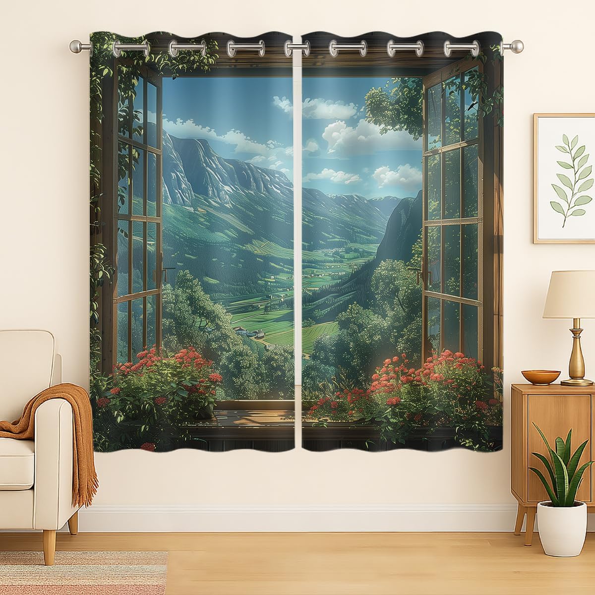 Mountain Blackout Curtains for Girls Boys Teens Home Decor, Spring Sky View Nature Forest Flower Grommet Thermal Insulated Drapes Darkening Window Curtain for Bedroom Living Room, 55 x 63 Inch