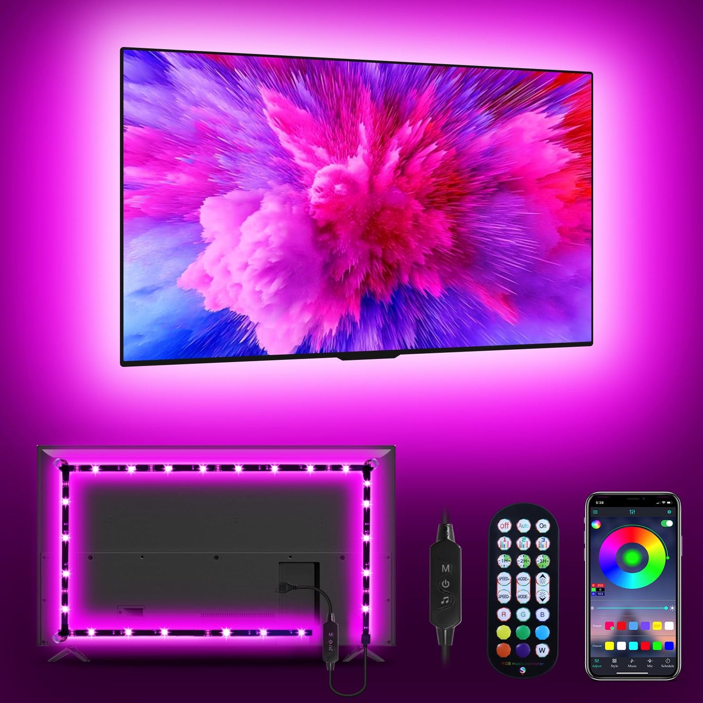 Daymeet LED TV Backlight Strip, 9.8ft RGB Color Changing, Music Sync, USB Powered, Model XR-BT02-QC3M-US, Solid Colors