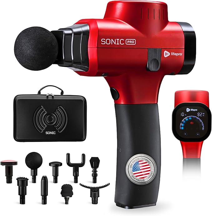 Lifepro Sonic Pro Handheld Electric Massage Gun – Deep Tissue Percussion Massager Gun with 10 Speeds & 9 Heads – Muscle Ma...